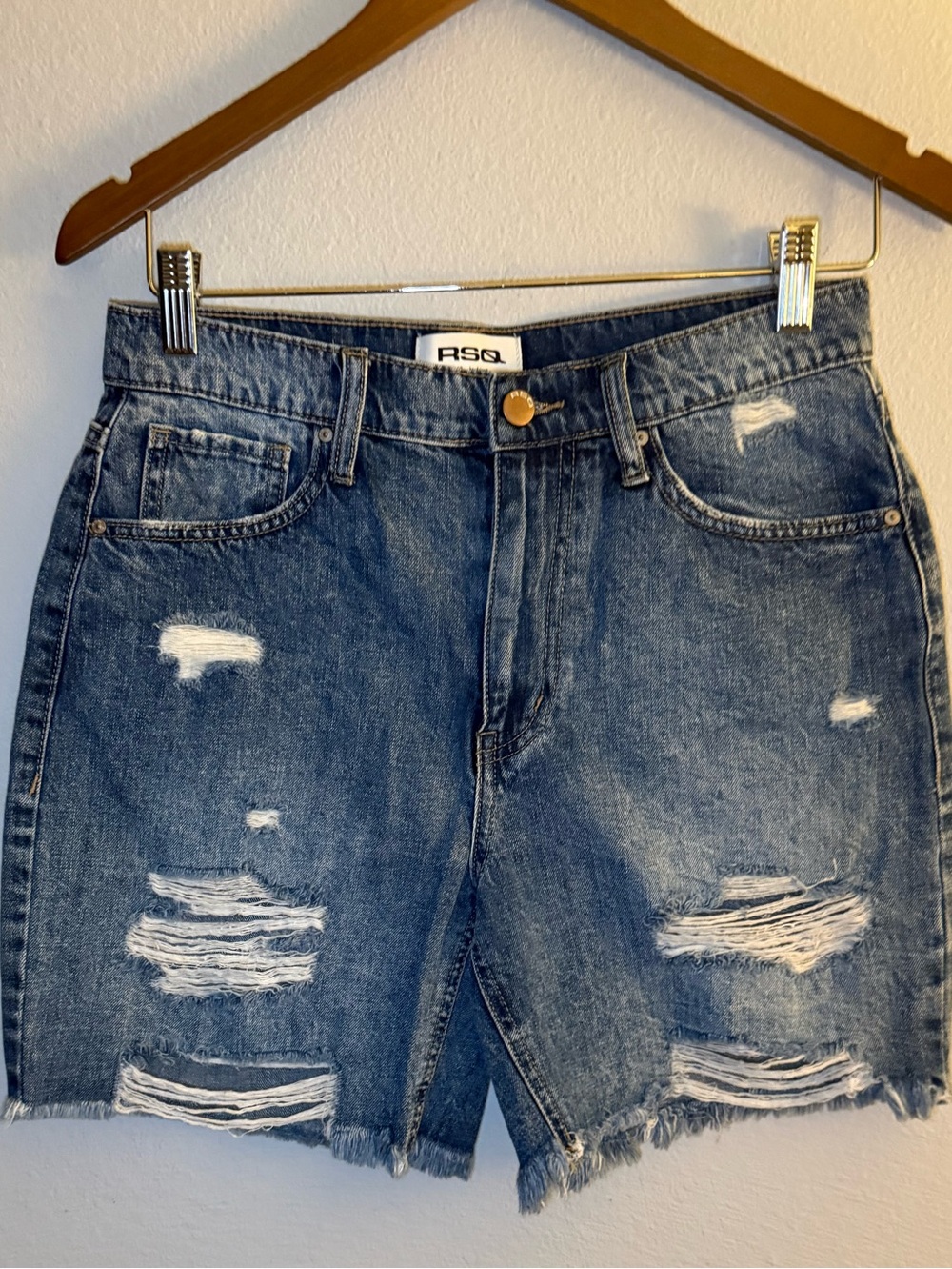 RSQ Distressed Mid-Length Denim Shorts - Blue